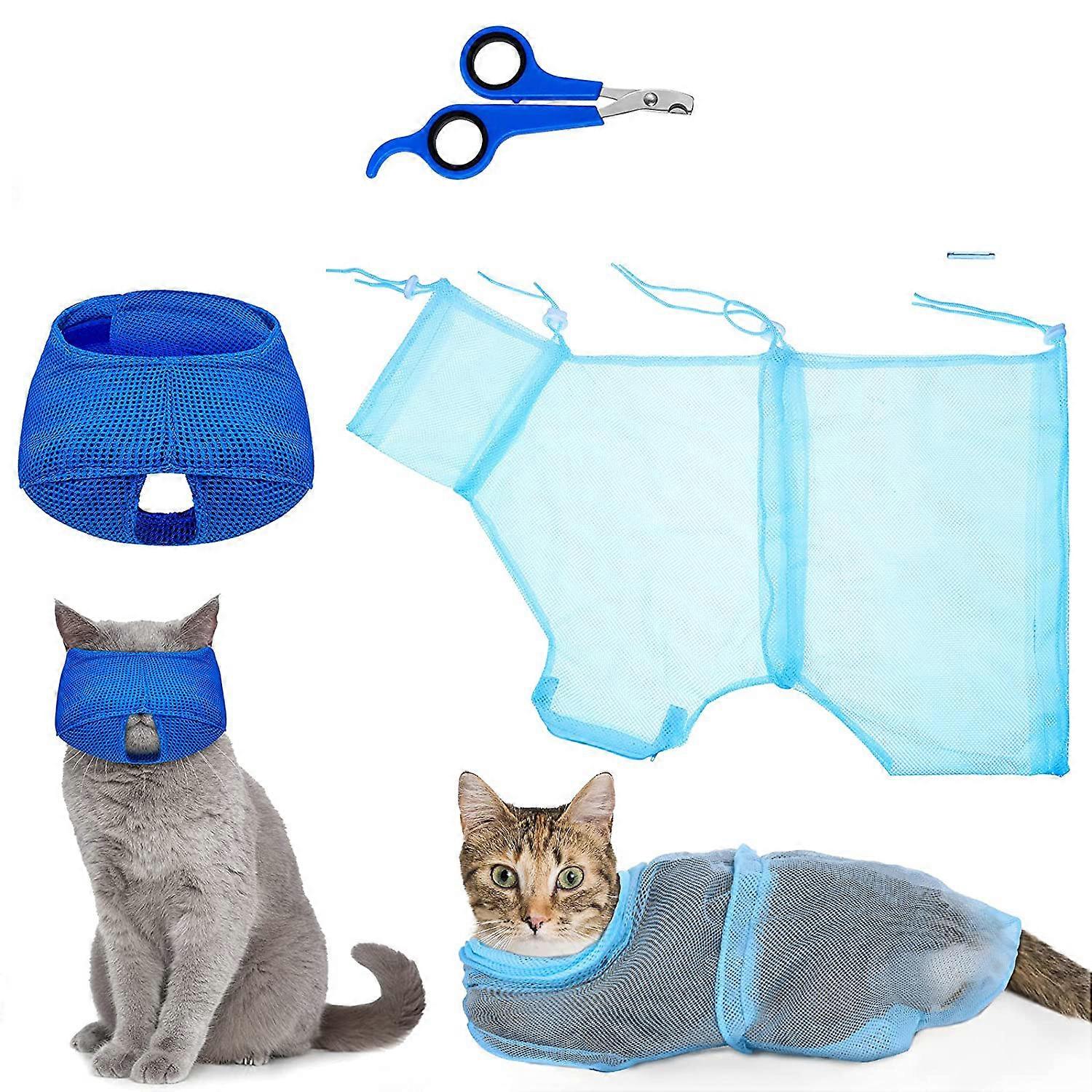 3 Pieces Cat Bathing Bag Set Cat Grooming Bag Adjustable Pet Shower Net Bag Cat Muzzles Anti-Bite Anti-Scratch Nail Clipper Tick Remover Tool Massage
