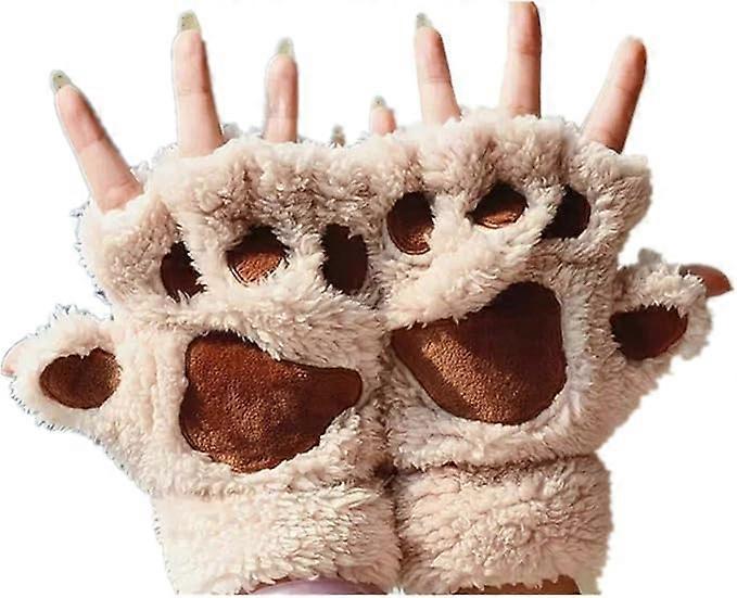 Soft Plush Cat and Bear Winter Gloves, Off-White