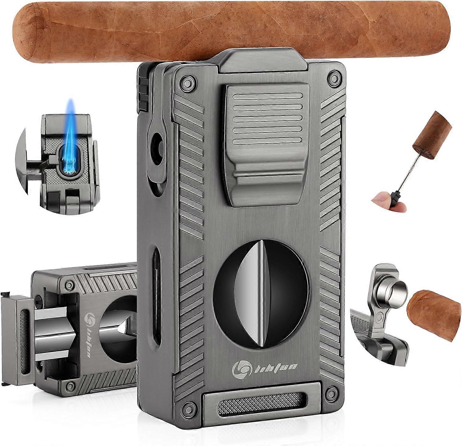 Sigar fakkel lighter, alt-i-1 sigarettenner Innebygd sigarholder Sigar Punch Sigar Draw Enhancer Sigar Cutter V Cut, Sigargave til menn
