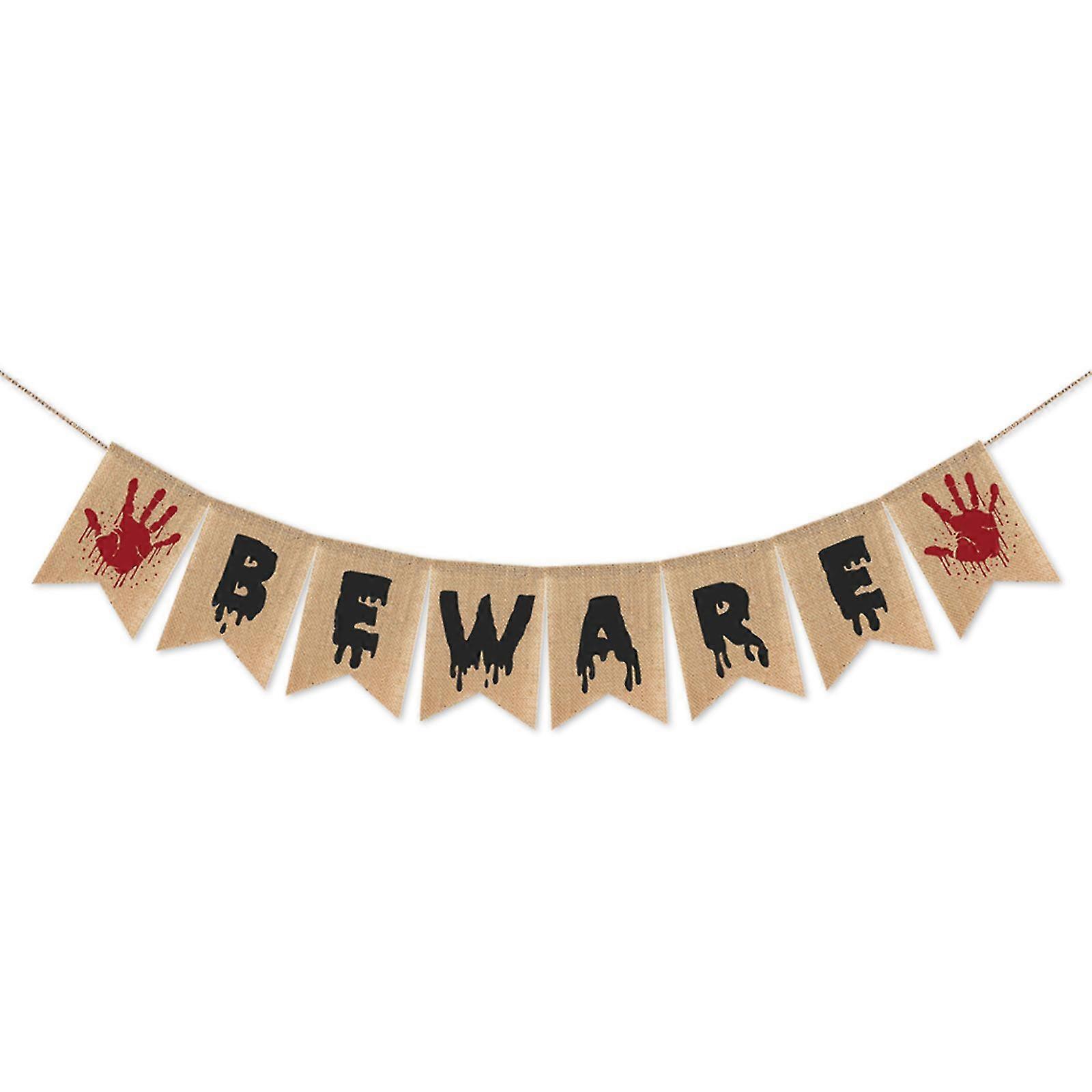Burlap Halloween Beware Banner Honoring Rustic Mantle Fireplace Decor  Flags