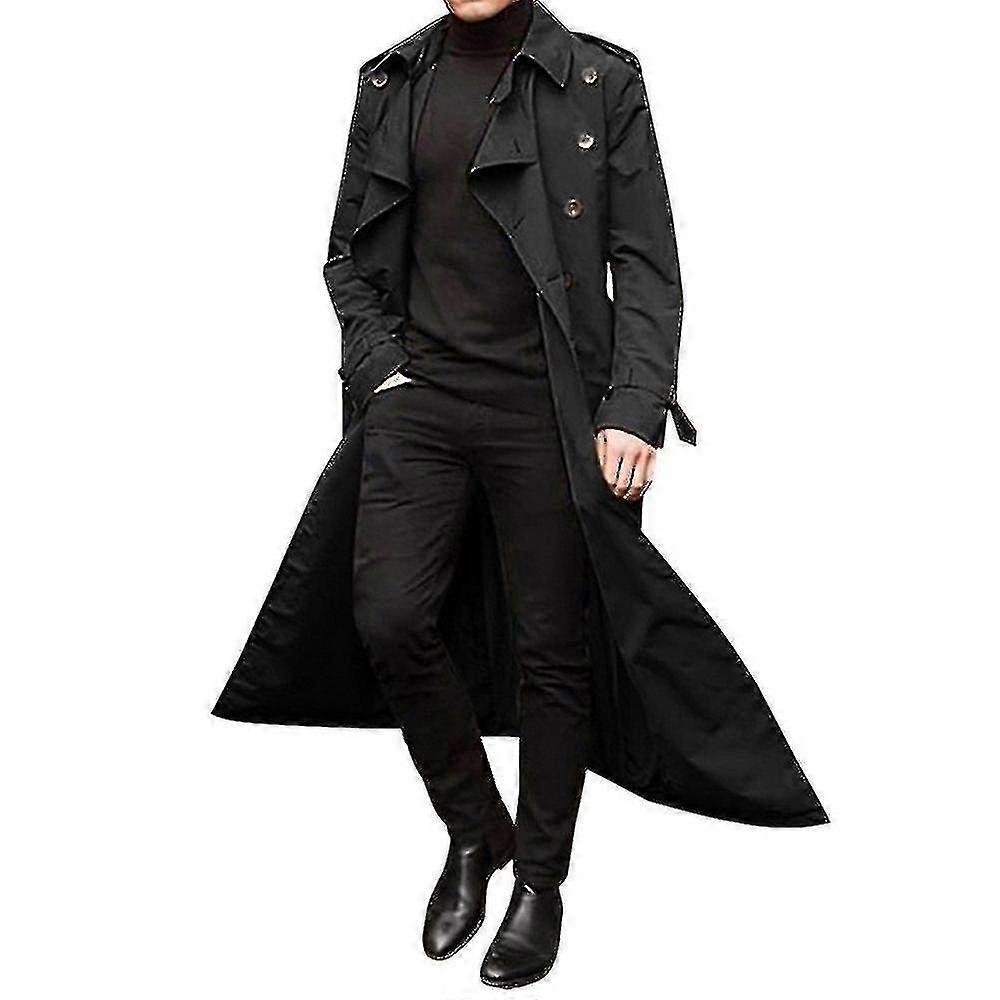 Men Trench Coat Double-breasted Lapel Windbreaker Male Long Jacket Outerwear - JA