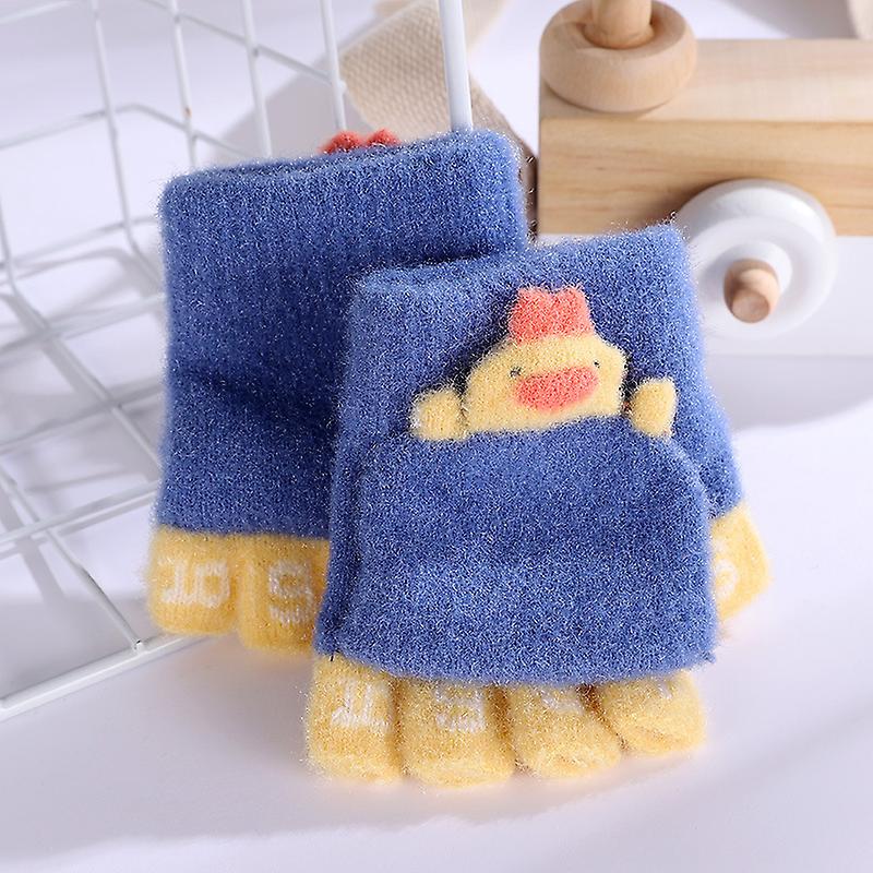 Children's Winter Warm And Thick Knit Cartoon Flip Cover Half Finger Writing Gloves