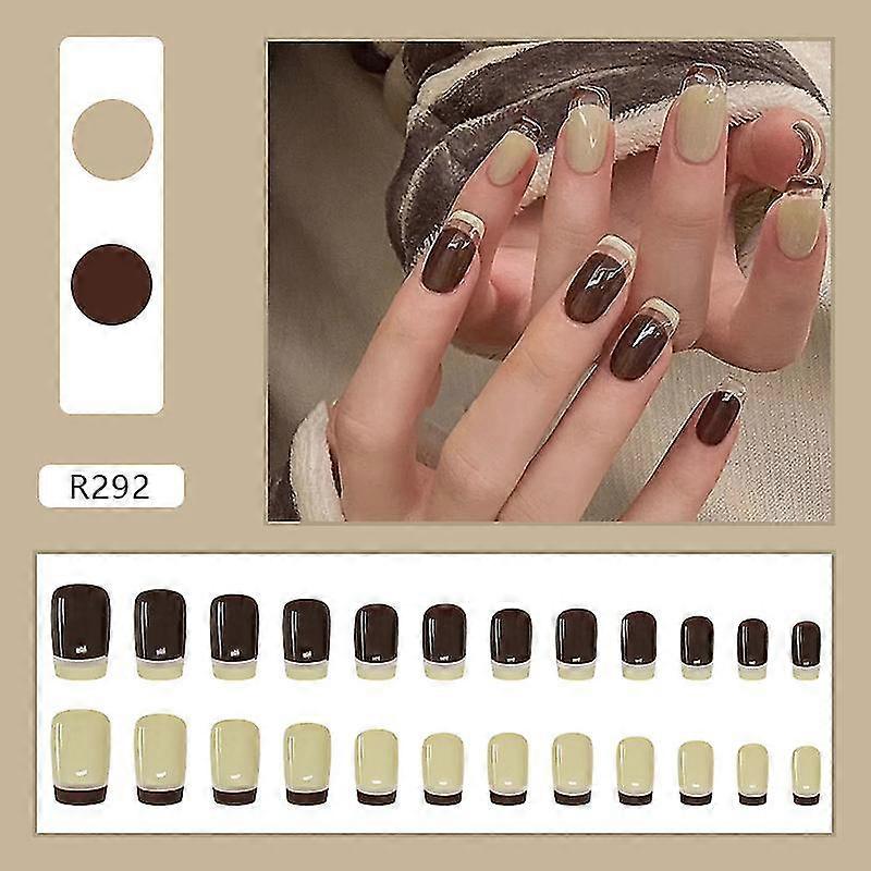 24pcs Brown Nail Patch French Style Removable Short Paragraph Manicure Save Time
