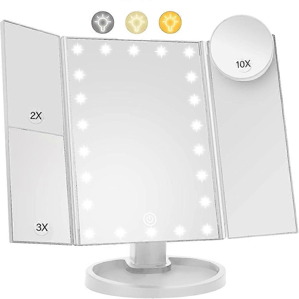 3 Side Foldable Makeup Mirror Dimmable Light 22LED Tabletop Vanity Mirror with Small Round Mirror - 