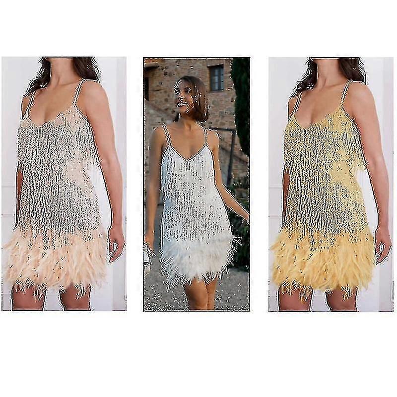 Femmes frange sequine plume moulante robe mode pompon Patchwork robe - JA