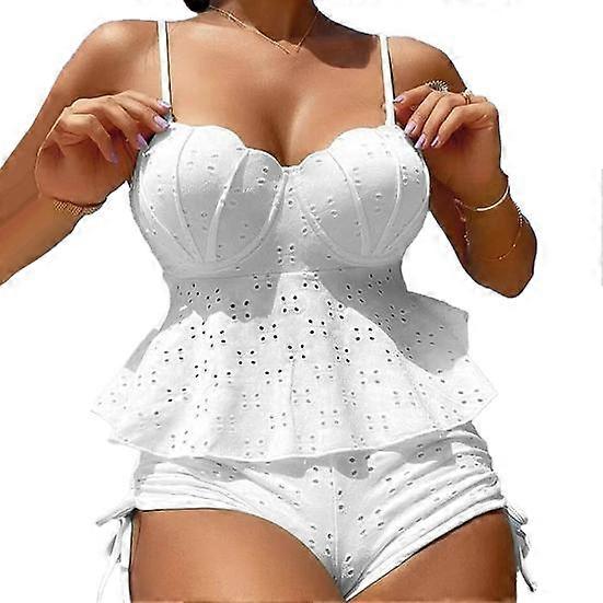 2Pcs/Set Women Sexy Bikini Set Sling Ruffle Hem Shell Shape Bra High Waist Drawstring Swimming Trunks