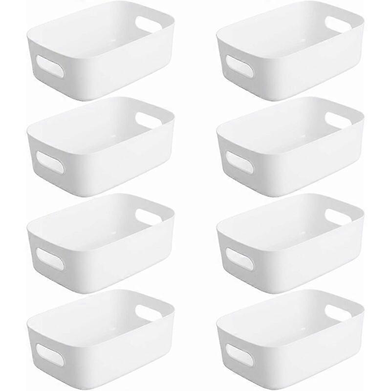 Set of 8 White Plastic Storage Baskets, Stackable for Kitchen/Office