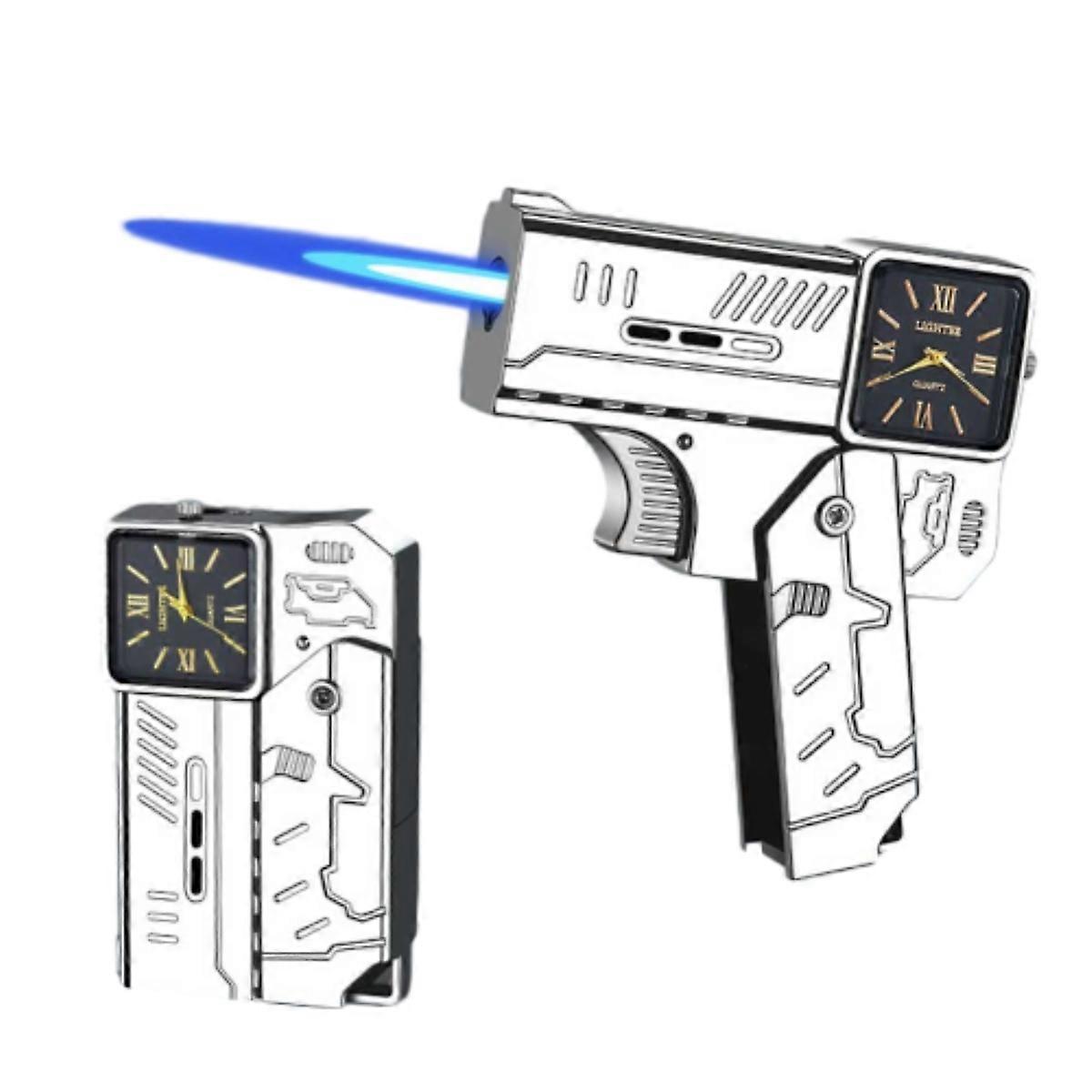 Transformerbar Pistol Lighter Nøglering Med Ur Design - Vindtæt Blå Flamme Butan Genopfyldelig Lighter Til Mænds Udendørs EDC Gaver