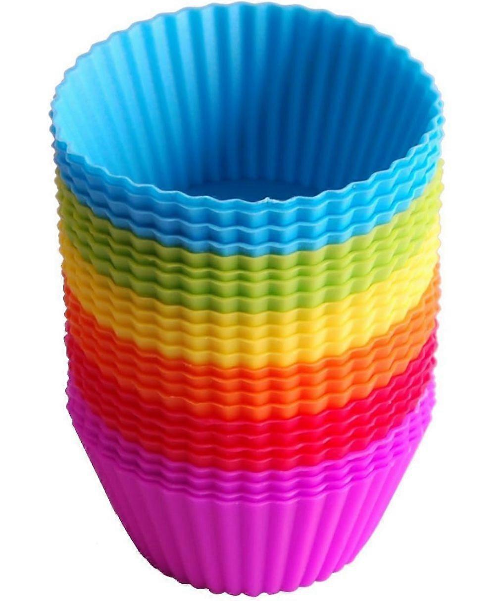 Rainbow Silicone Muffin Cups, Heat-Resistant Temperature Silicone Baking Cups For Oven, Microwave, And Freezer Use, Set Of 24, 6 Colorful Designs, 7