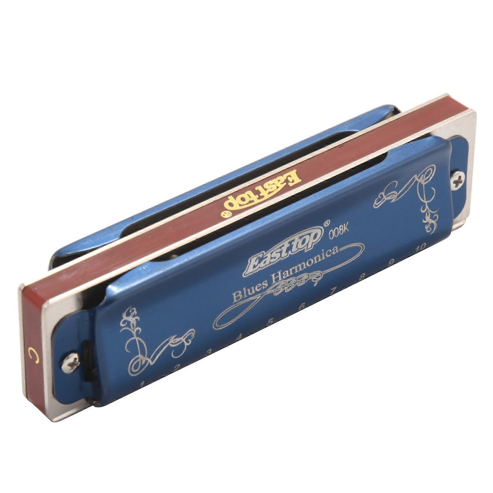 T008K 10 Hole Blues Harmonica C Key Woodwind Musical Instrument with Plastic Box Clean Cloth