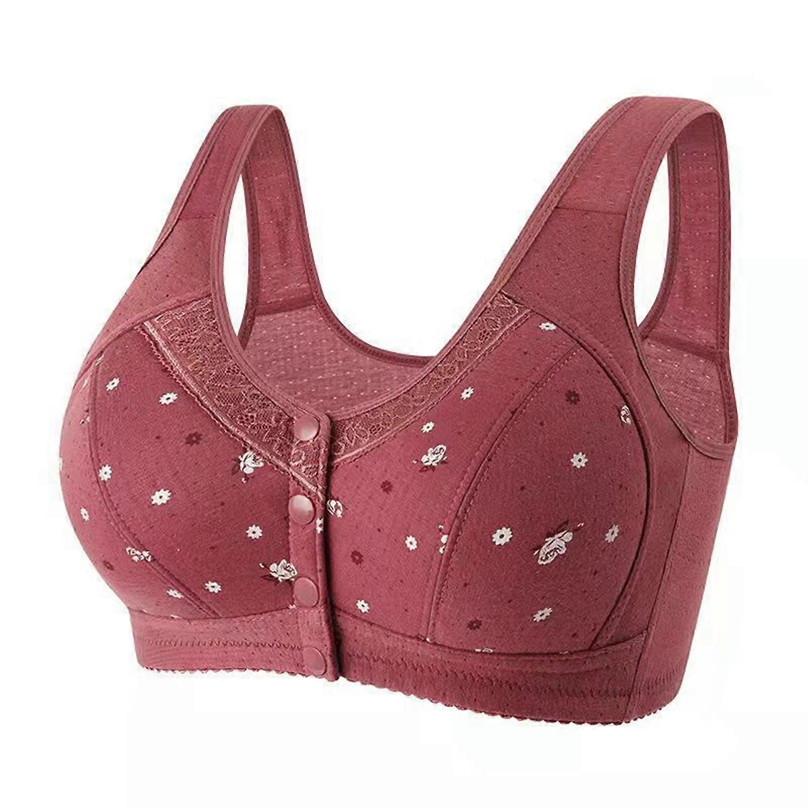Wireless Bra for Middle Aged Women with Wide Straps and Front Button Closure Push Up Bralette Full Coverage Underwear Burgundy 42 95