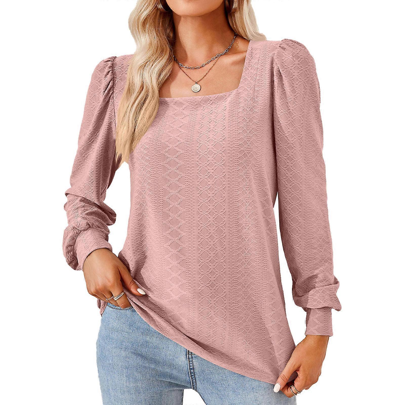 Women's Blouse Square Neck Long Sleeve Casual Eyelet Shirts Loose