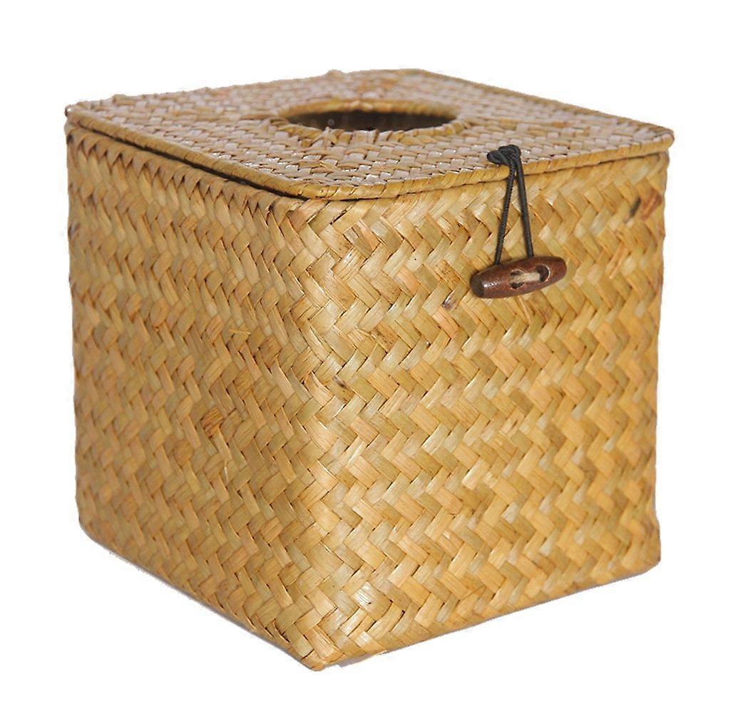 Handmade Woven Straw Square Roll Tissue Box Cover Cube Storage Box Yellow