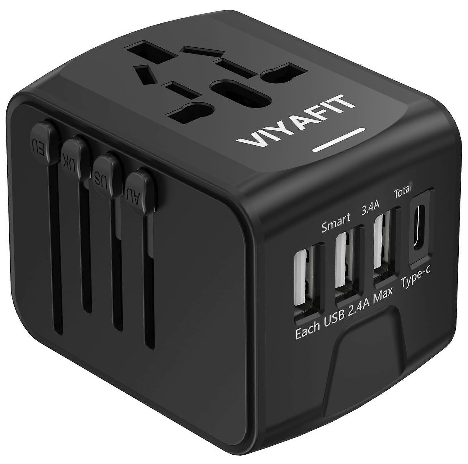 Universal International Travel Power Adapter with 3xUSB 2.4A Ports, 3.0A Type-C, Compatible with UK, EU, AU, CA, Asia (Gray Black)