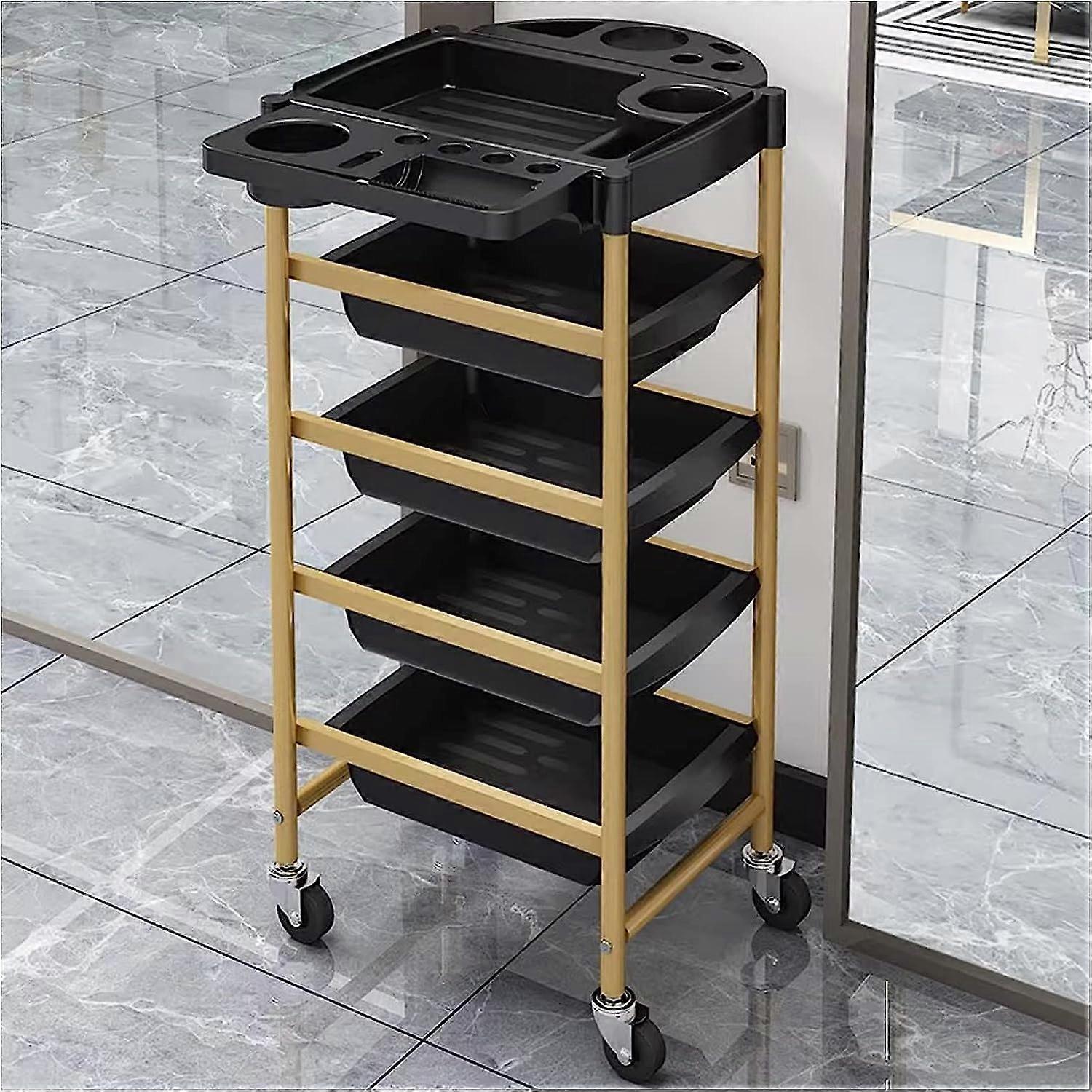 Utility Trolley With Shelf Salon 5Tier Rolling Cart Hair Dryer Fixed Rack MultiFunctional Foldable Tray Gold