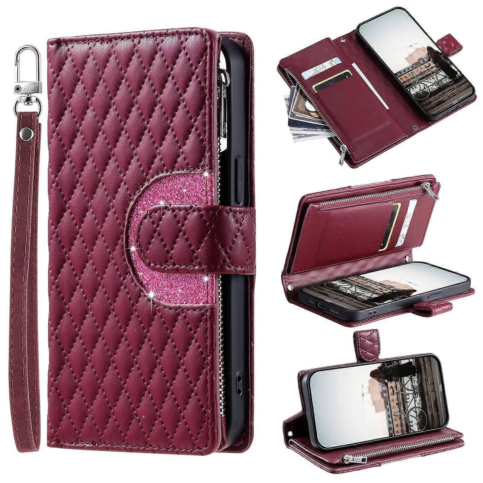 Glitter Mobile Phone Case For Xiaomi Redmi Note 11 PU Leather Wallet With Wrist Strap And Card Holder Wine Red