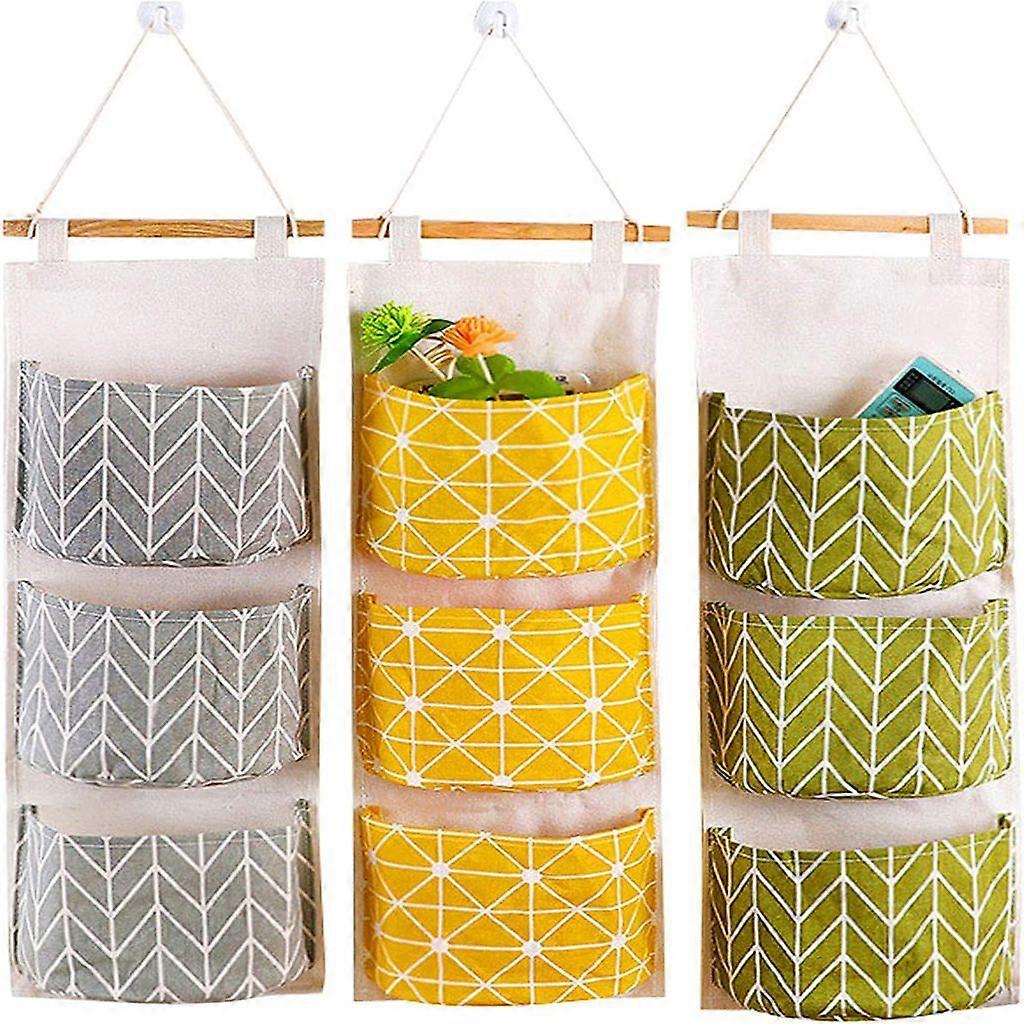 3-Pocket Fabric Wall Storage Bags: Waterproof, Linen – For Small Items, Jewelry