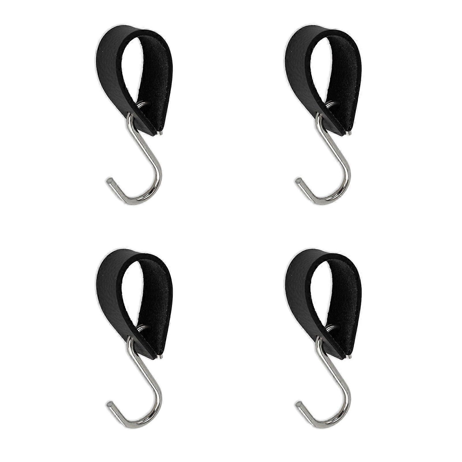 Pack of 4 Black S Hooks with Leather Loop, Heavy-Duty Hanging Hooks for Clothes, Hats, and Bags