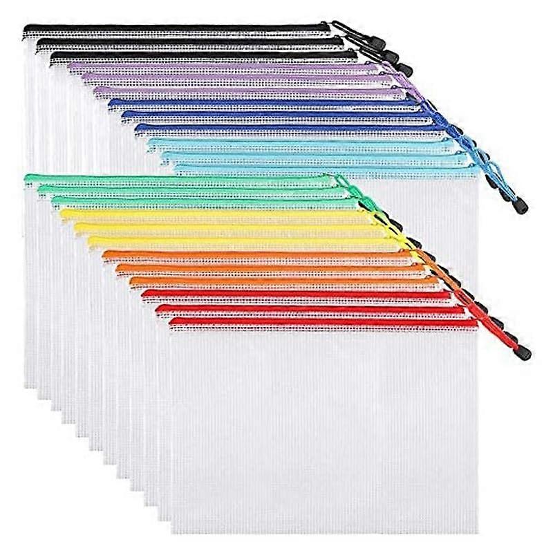 File Folder 24-Piece Mesh Zip Bags, Plastic Zipper Document Folders, Letter Size And A4 Size, Mixed Colour