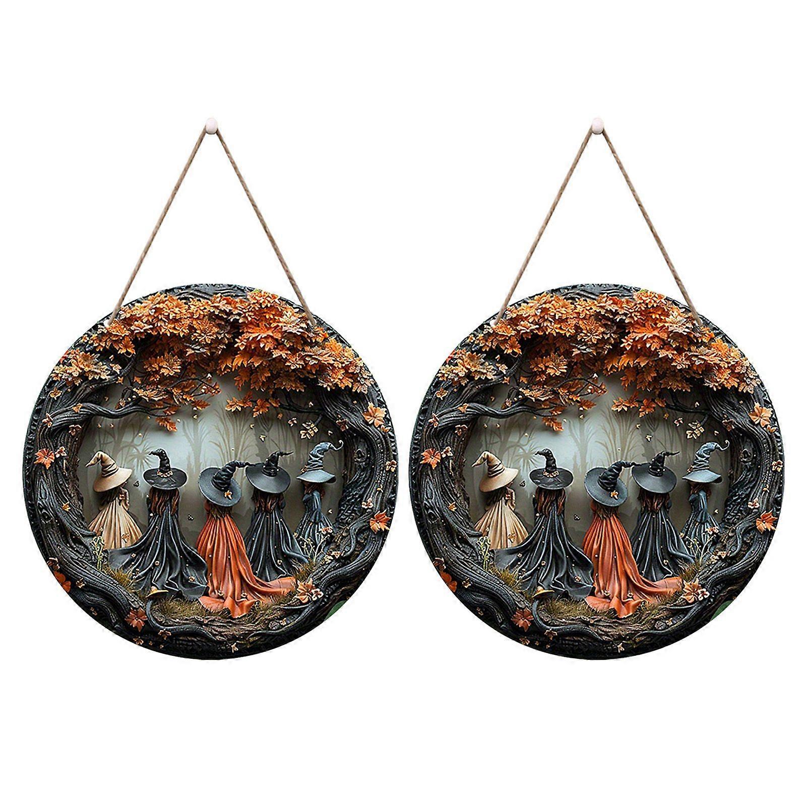 Witch Round Wooden Door Hanger for Halloween 2D Relief Design Hanging Sign for Front Door Outdoor Party Decor
