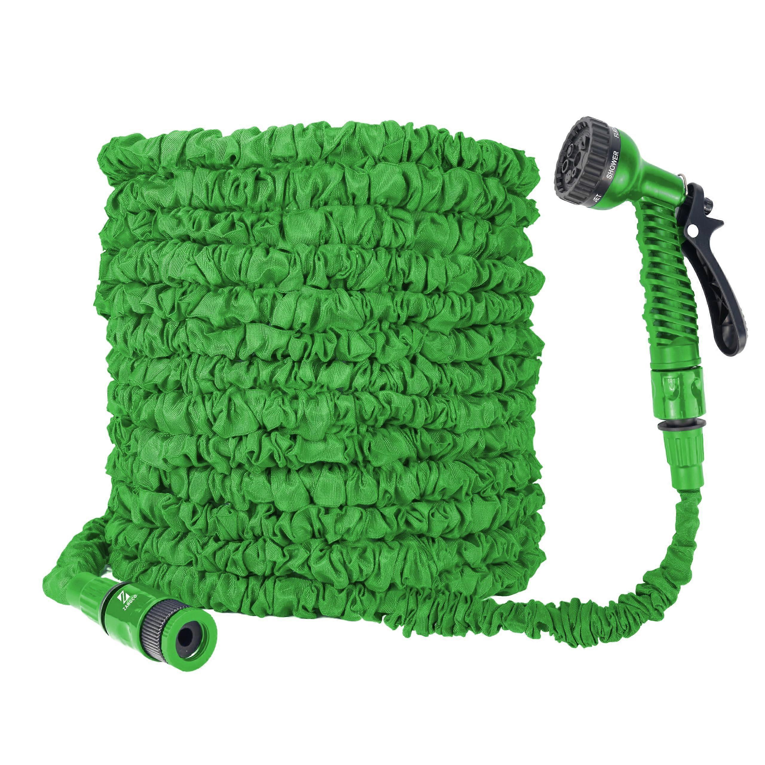 Expandable Garden Hose, 100 Ft Green, 7-Function Nozzle, 1/2- and 3/4-In Quick Connectors, 3x Flexible, Durable