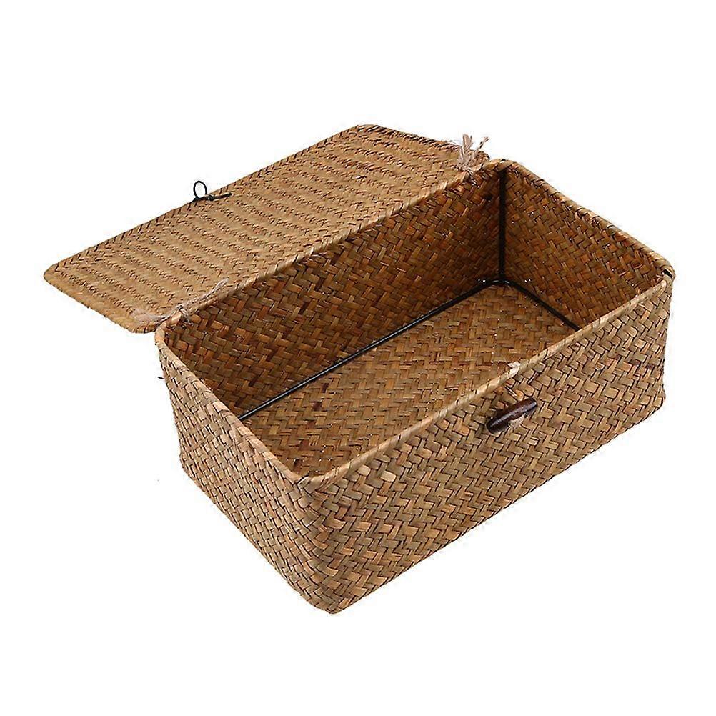Wicker Storage Basket With Lids, Rattan Seagrass Organizer, Laundry And Makeup Storage, Medium