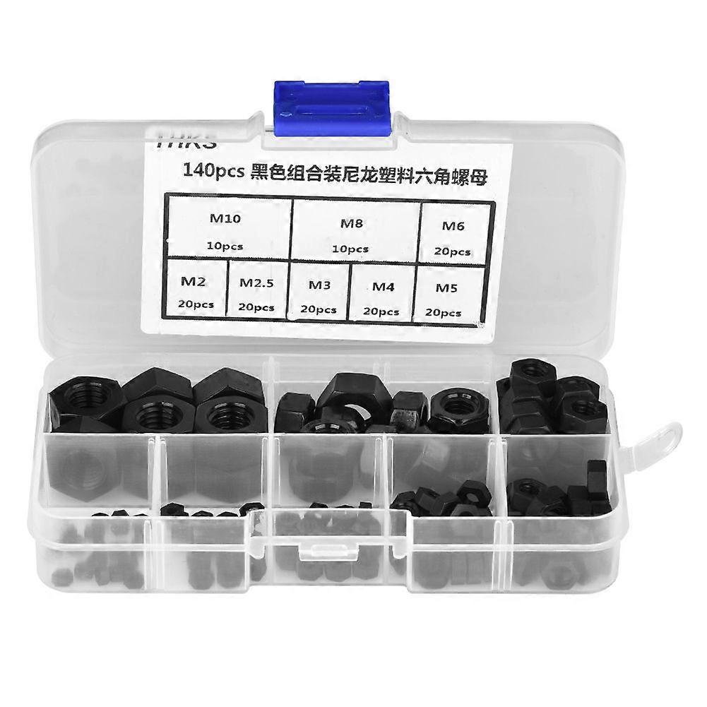 140pcs M2/M2.5/M3/M4/M5/M6/M8/M10 Thread Nylon Plastic Hex Hexagonal Nuts (Black)