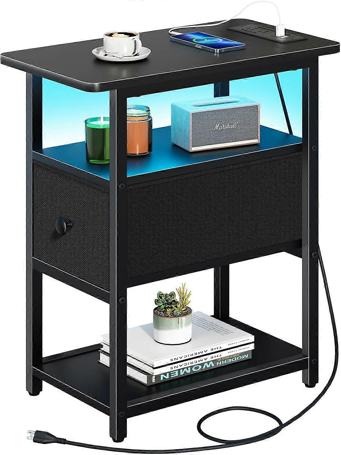 Narrow Side Table with LED, Charging Station & 3-Tier Storage, Compatible with Bedroom Small Spaces