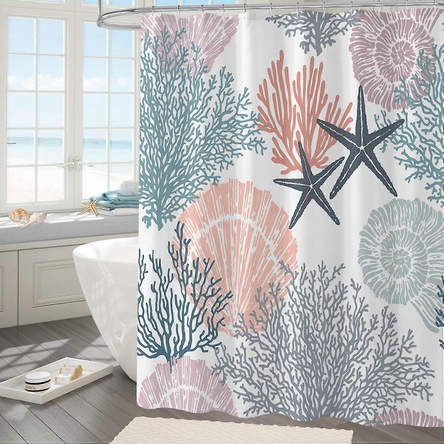 Nautical Coastal Shower Curtain, Ocean Beach Seashell Starfish Theme, Waterproof Fabric with Hooks, 72x72, Coral