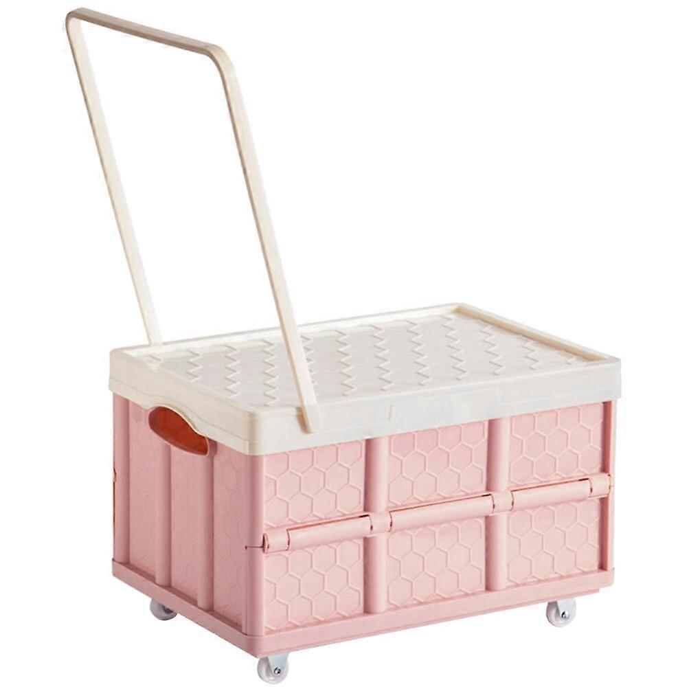 Grocery Cart Lidded Storage Bin Collapsible Rolling Crate On Wheels Stackable Clothes Storage Box Pink Foldable Camping Wagon