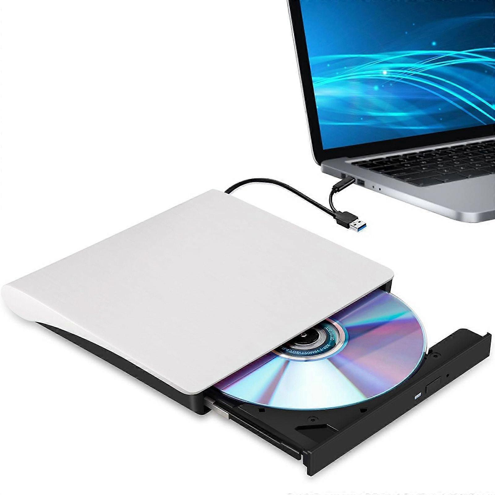 External CD DVD +/-RW Drive, USB 3.0 & USB-C Portable ROM Burner Player Reader Writer Rewriter Disc Drive,White