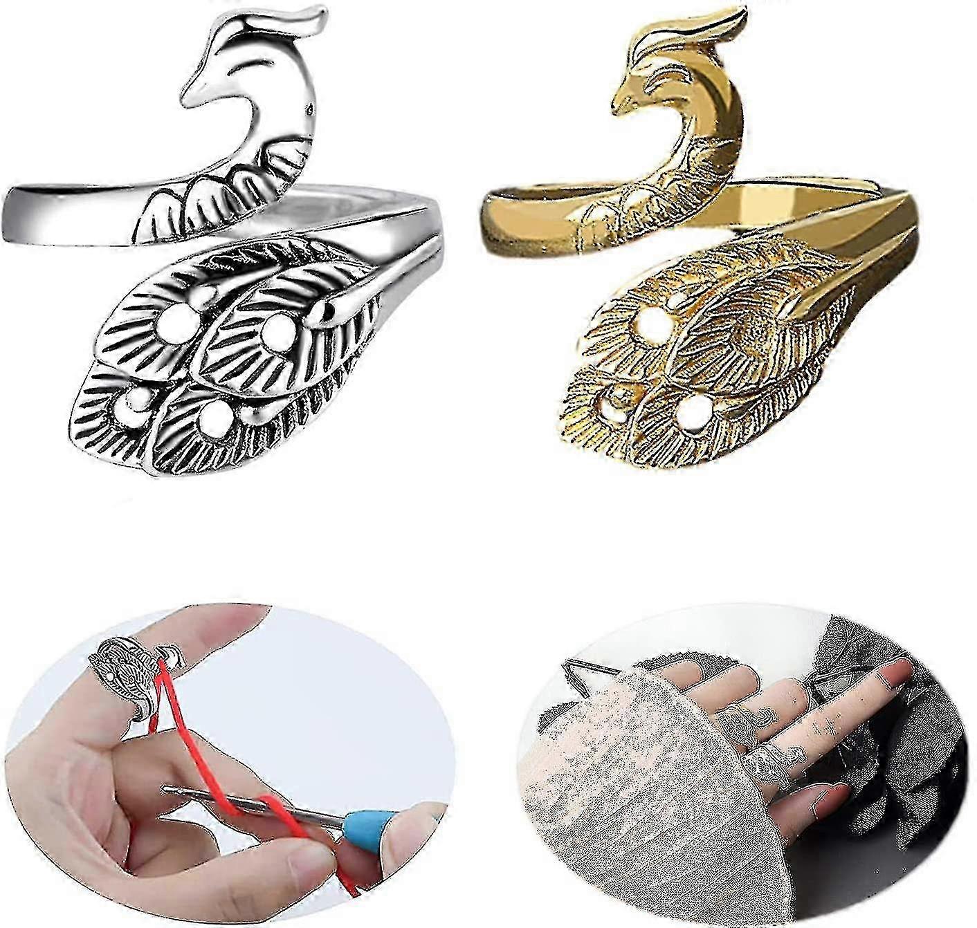 2 Pieces Adjustable Knitting Loop Knitting Hook Loop, Peacock Shape Open Finger Metal Ring, Yarn Guide Knitting Finger Holder Knitting Thimble For Cra