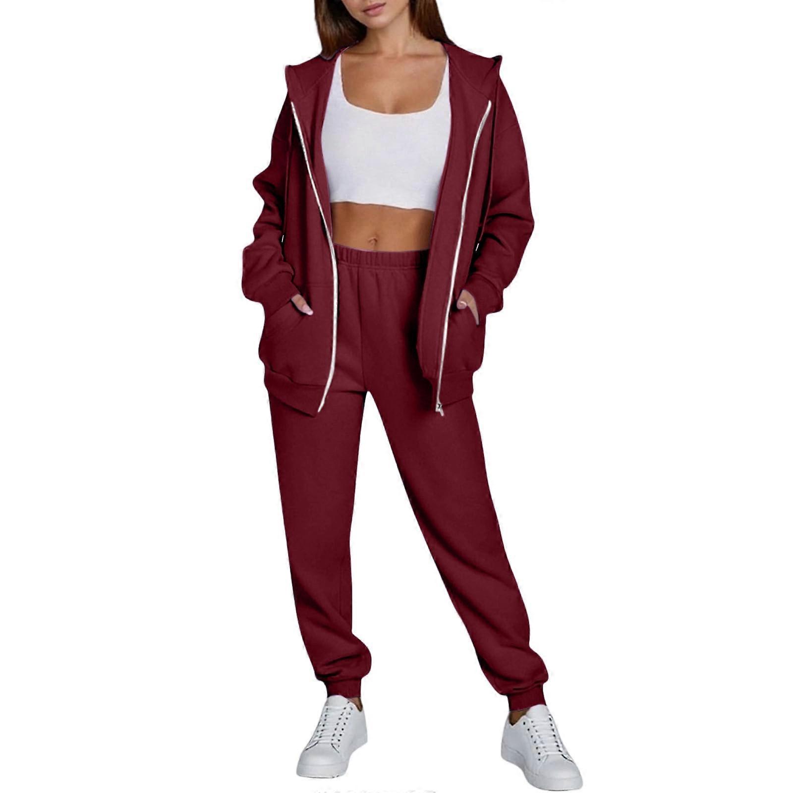 Women's Full Zip Hoodie And Stretchy Jogger Pants Set Soft Polyester Fabric With Elastic Cuffs For Running Or Lounge  Burgundy XL