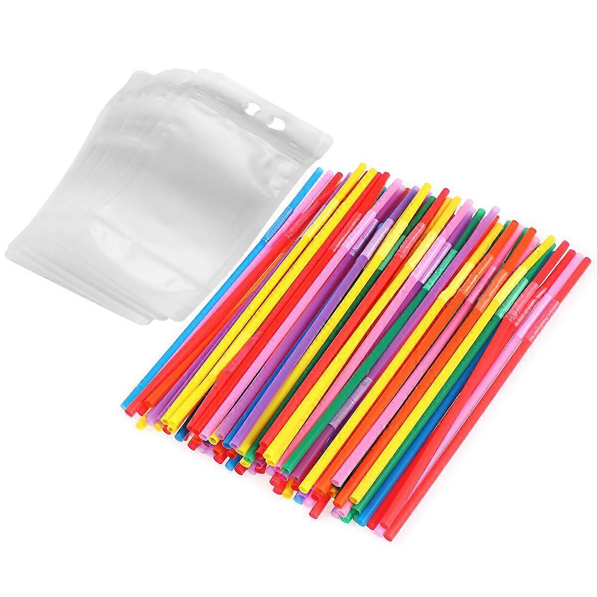 OUNONA 100PCS Disposable Colorful Straws and 100PCS Matte Transparent Drink Pouches Handheld Drink Container Set