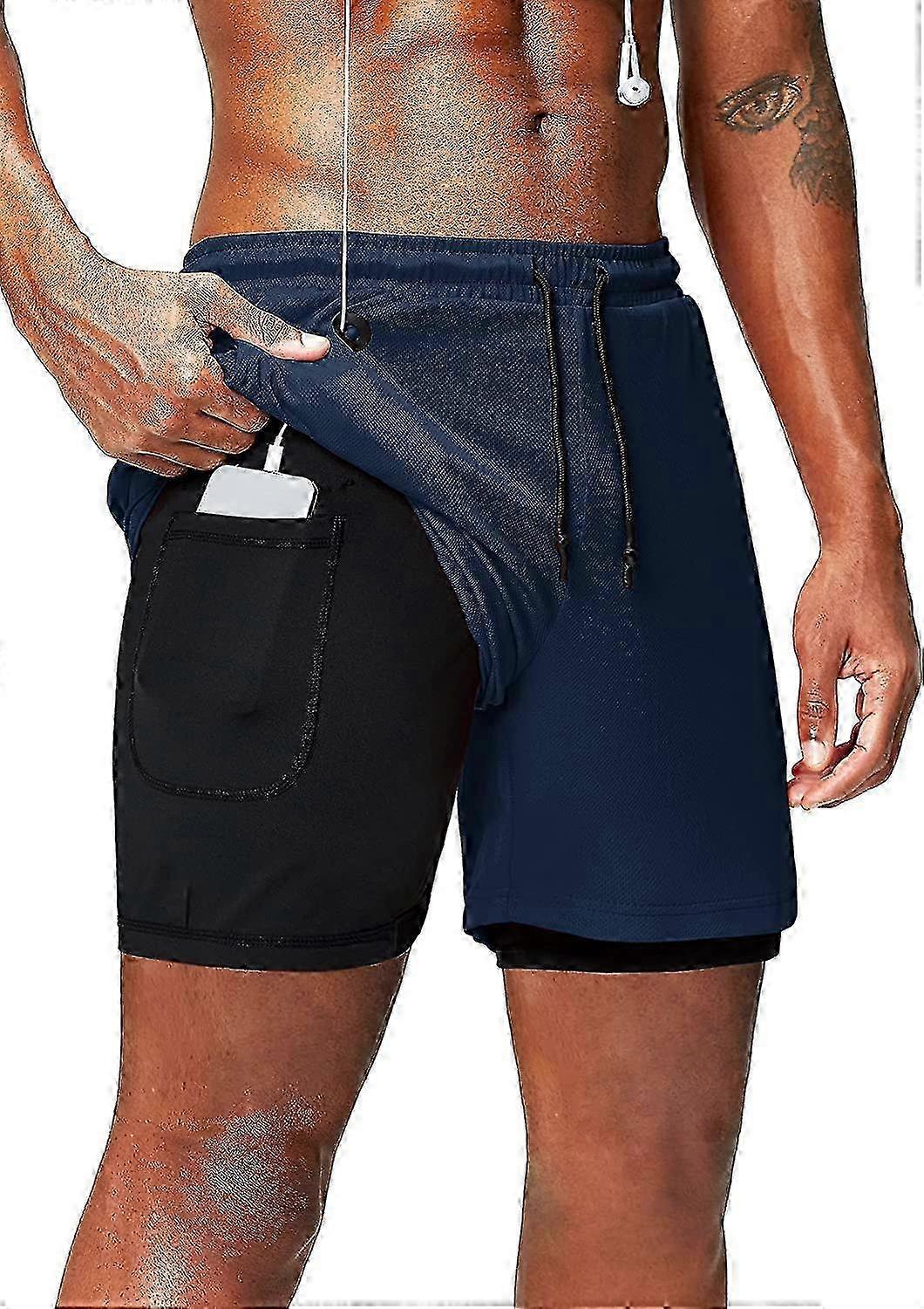 Shorts de corrida 2 em 1 com bolso para celular, academia, treino, secagem rápida, masculino, 5 polegadas