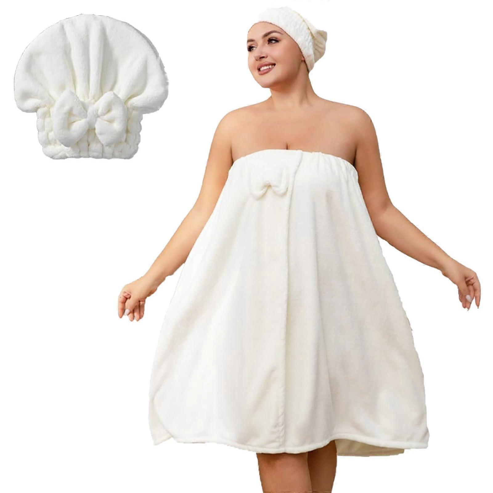Plus Size Bath Towel Wrap and Shower Cap Set, Adjustable Soft Women's Bath Skirt with 2Button Closure, White XXXL
