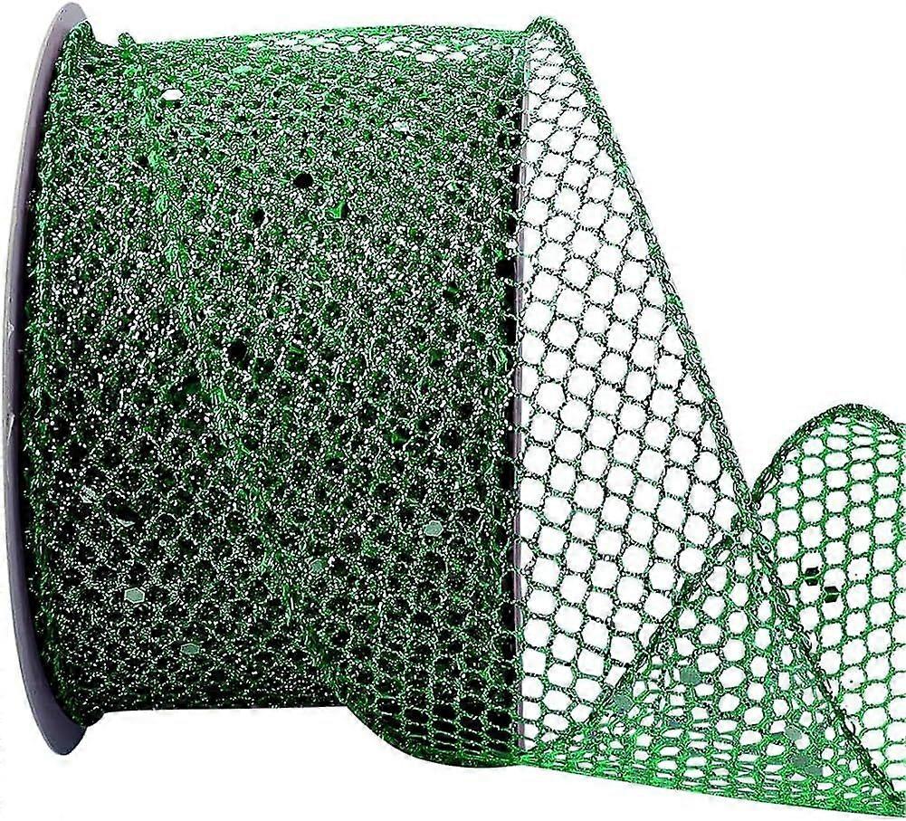 2.5 Inch Green Mesh Ribbon Glitter Sparkle Ribbon Wired Polyester Metallic Sparkly Sequin Netting Tulle Ribbons with Spool for Sewing Making Crafts Wr