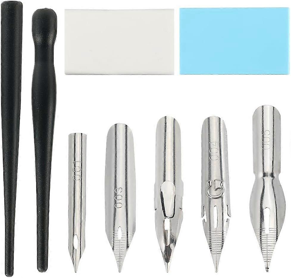 2Pcs Plastic Dip Pens Black Masking Fluid Drawing Ruling Straight Panel Line Calligraphy Dipping Oblique Pens Holder with 5Pcs Nibs 3Pcs Erasers Kit f