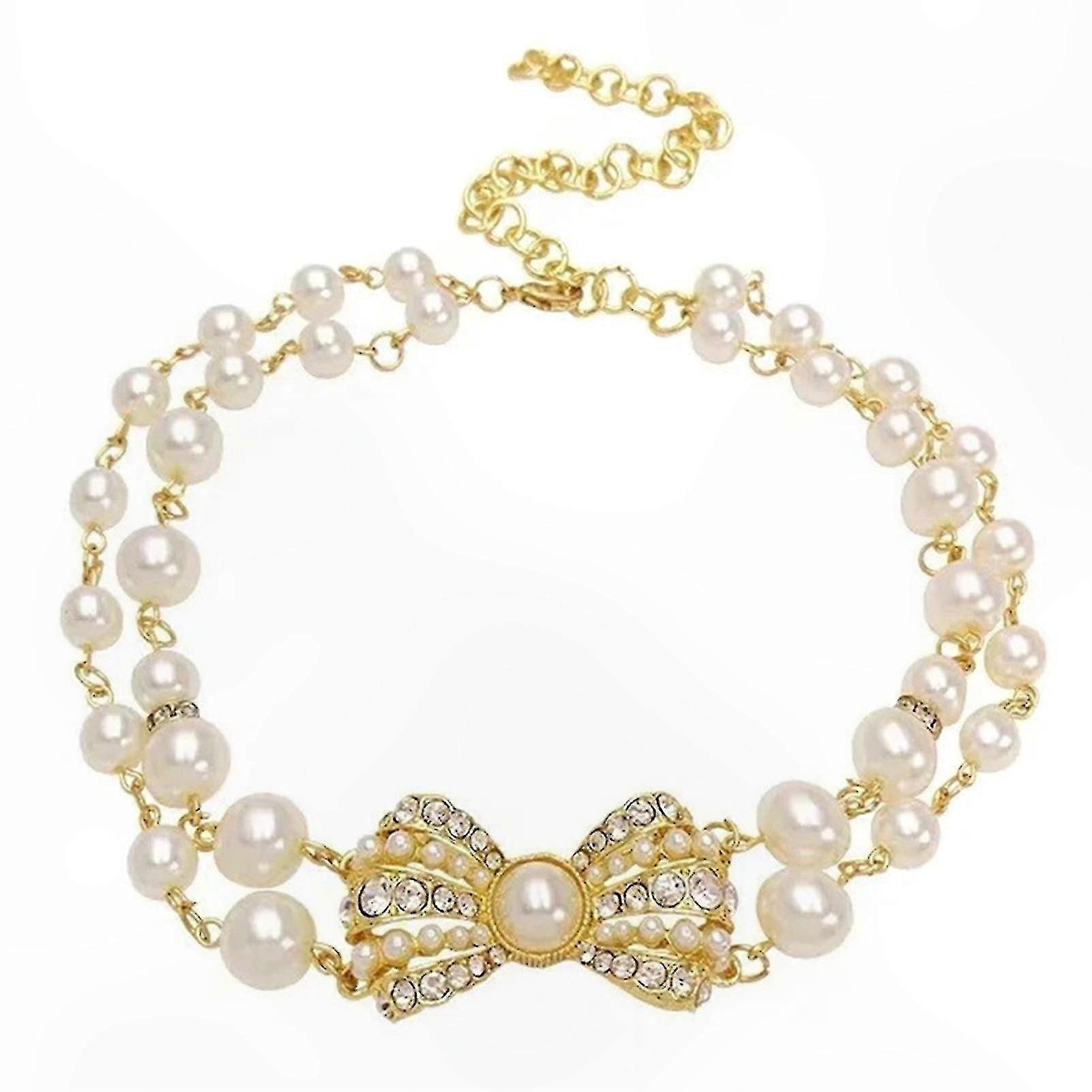 Adjustable Pearl Chain Necklace with Double Bows for Small Pets