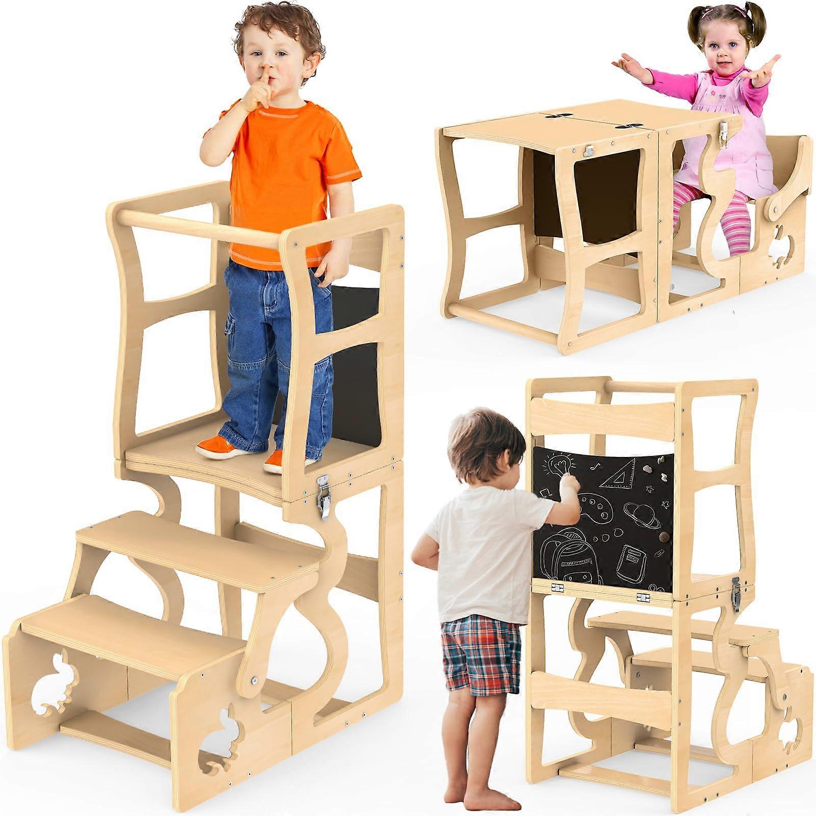 Wooden Toddler Kitchen Helper Tower with Chalkboard, Foldable Step Stool Table, Child Safety