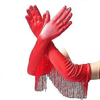 Women Fringed Long Satin Gloves Latin Dance Gloves For Performance Red