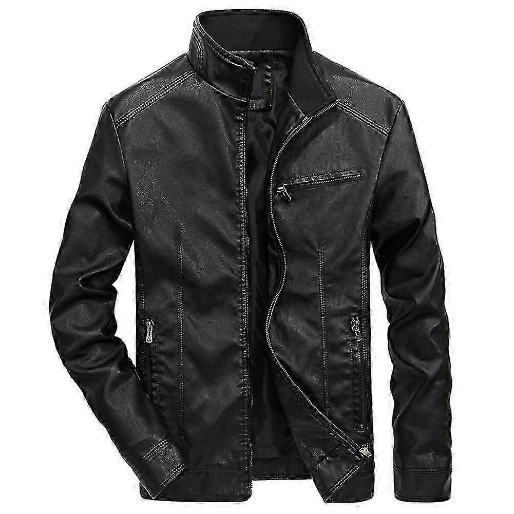 Mens Casual Stand Collar Solid Leather Jacket