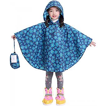 Veeki Kids Rain Poncho Hooded Jacket Rain Coat, Blue Flower, L