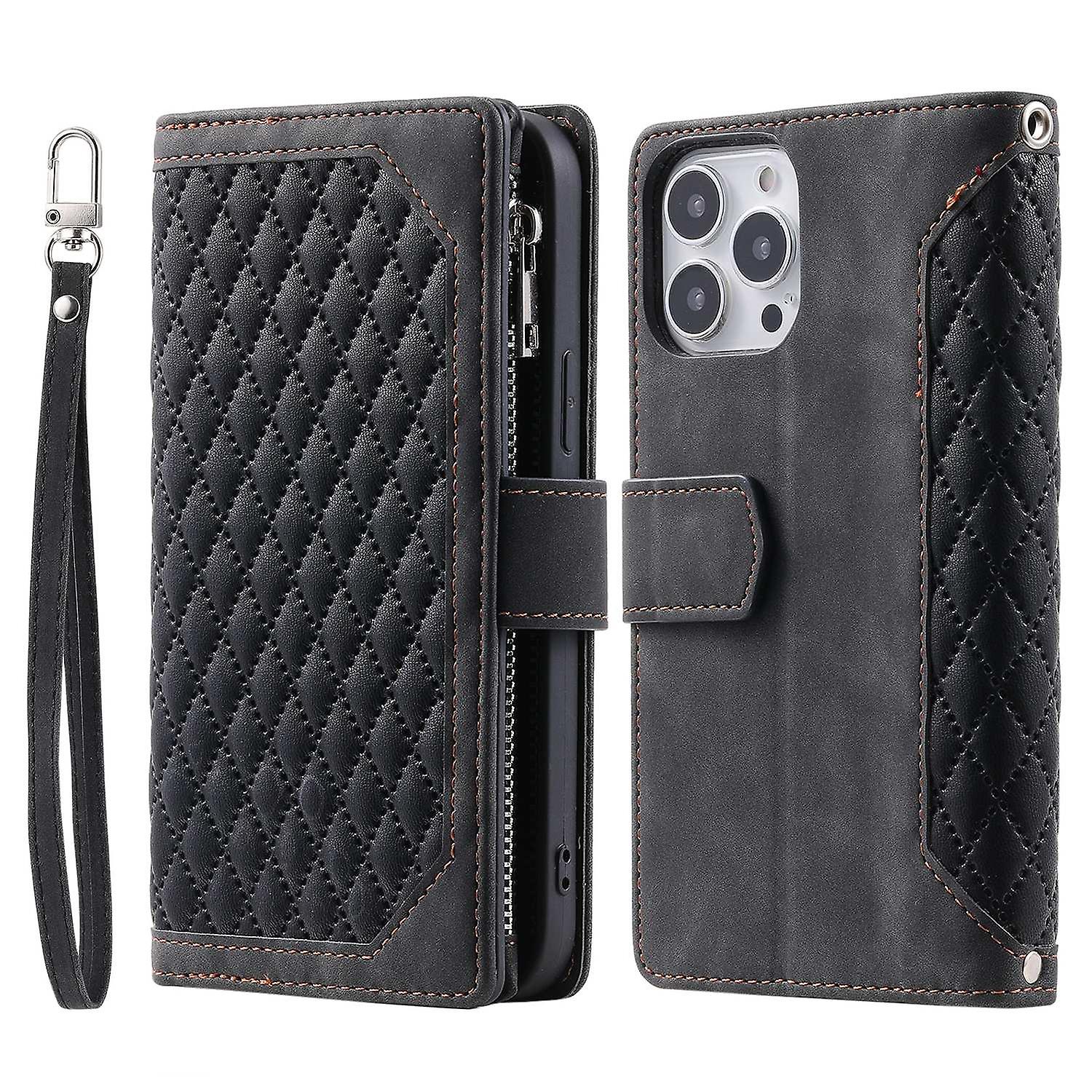Grid Texture Zipper Leather Case For iPhone 15 Pro