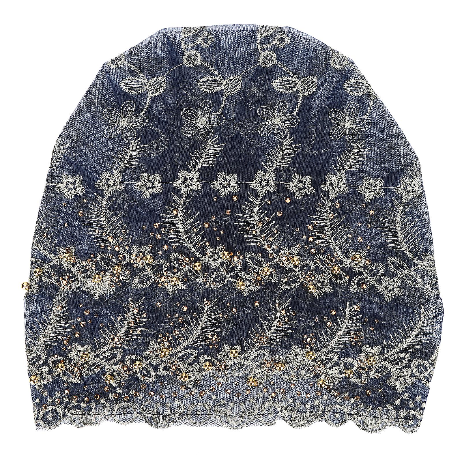 头巾头巾时尚优雅刺绣羽毛风格欧洲复古帽女士蓝色