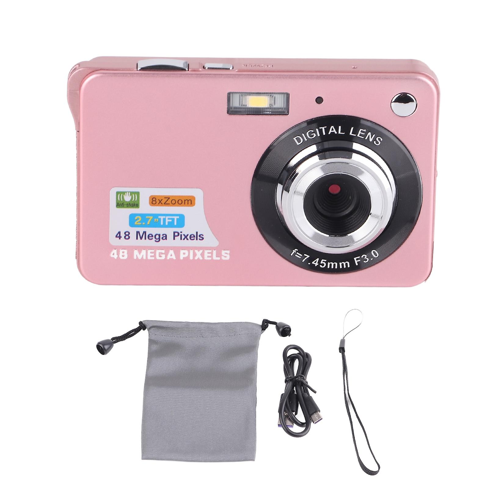 48MP 4K Digital Camera with 2.7in LCD Display and 8x Zoom, Anti Shake Vlogging Camera for Photography Continuous Shooting Pink