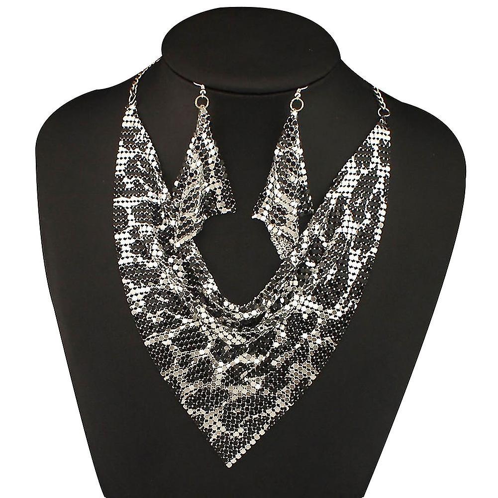 2Pcs/Set Mujer Bufanda Triangular Lentejuelas Charm Statement Collar Babero Pendientes
