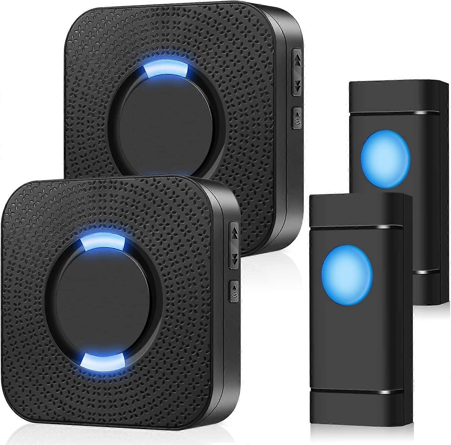 Wireless Doorbell, Wireless Chime Outdoor Waterproof 300M Range 55 Melodies At 5 Level Volume With Led 2 Receivers And 2 Transmitters Black