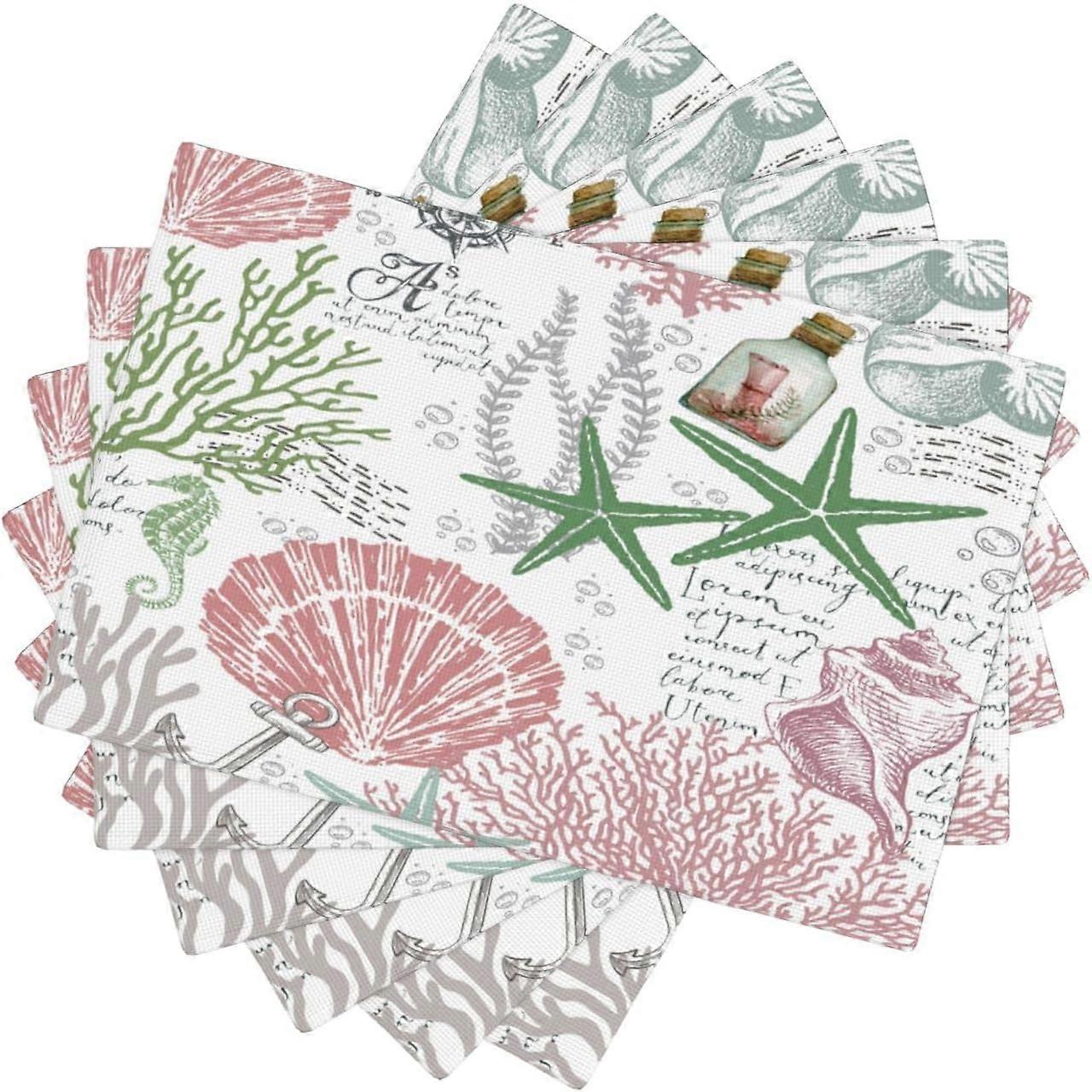 الصيف المحيط المفارش مجموعة من 4 ، البحرية الساحلية الوردي الأخضر نجم البحر صدف المرجان موضوع الكتان الجدول حصير للمطبخ المنزلي ديكور حفلة الطعام 6 قطع