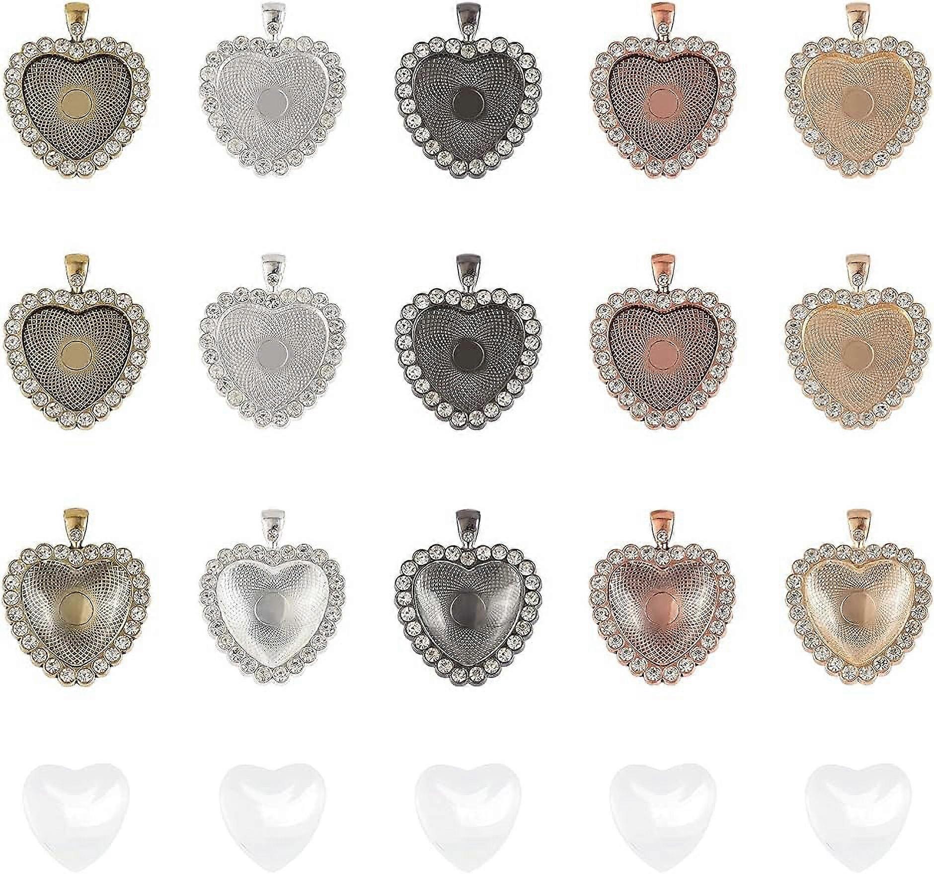 10 Sets DIY Pendant Making Sets 10 PCS Heart Alloy Rhinestone Pendant Trays and 10 PCS Transparent Glass Cabochons Mixed Color